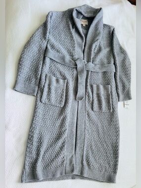 St. John Collection Light Gray Textured Knit Belted Cardigan XS-S